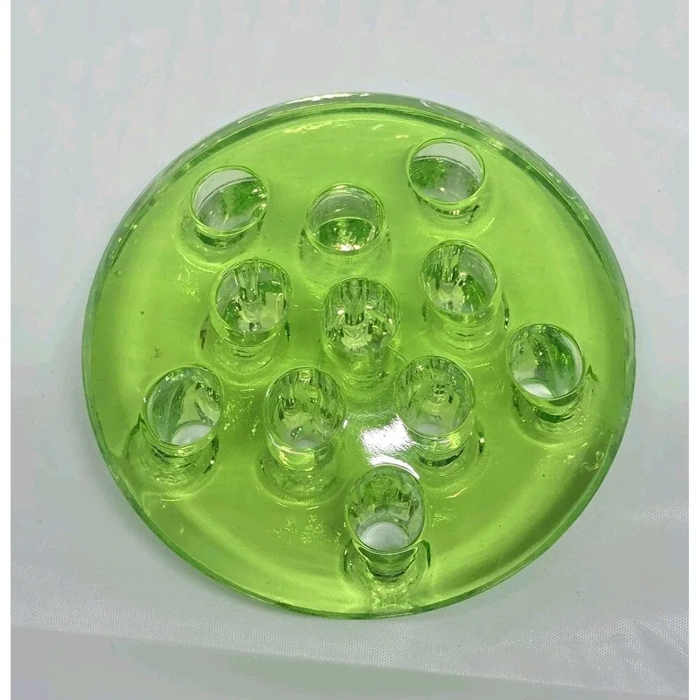 Vaseline Uranium Glass Flower Frog 11 Holes Glows UV Green Vintage 3